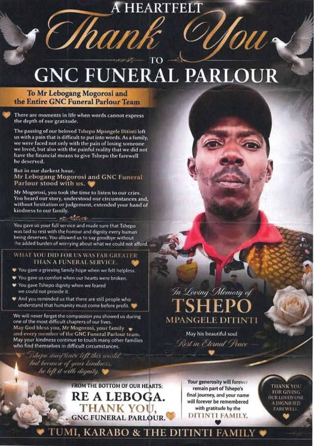 A heartfelt thank-you letter from the Ditinti family to GNC Funeral Parlour, in loving memory of Tshepo Mpangele Ditinti