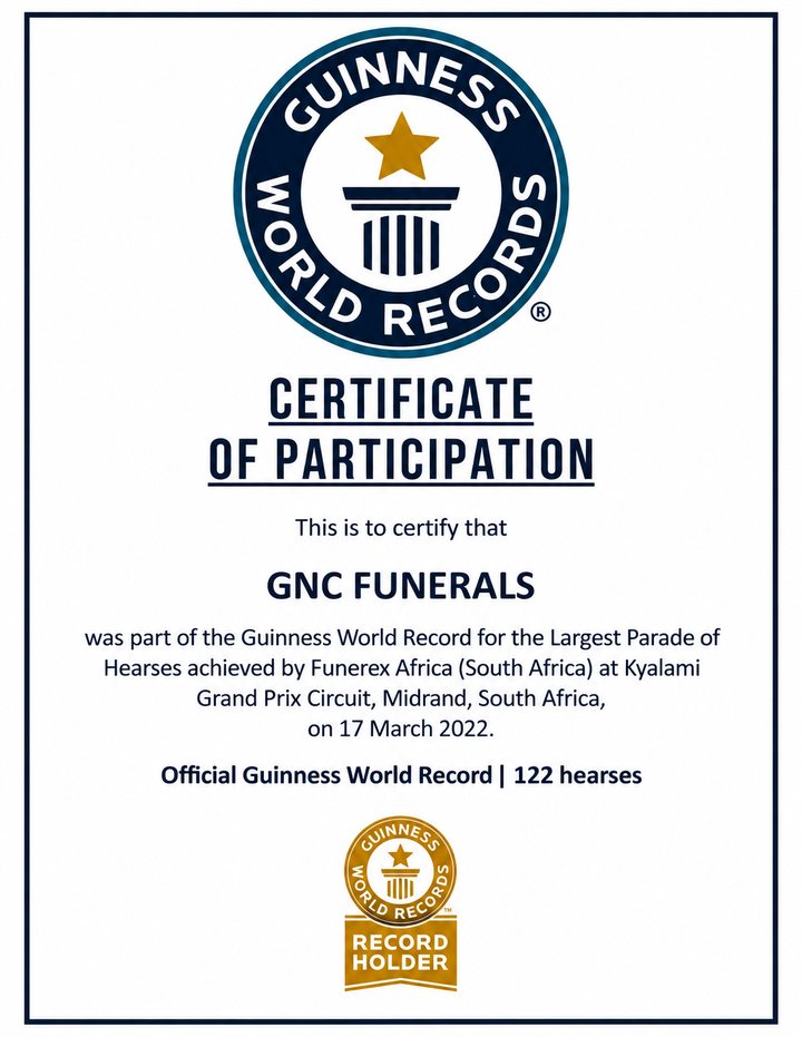 Guinness World Records Certificate of Participation issued to GNC Funerals for the Largest Parade of Hearses